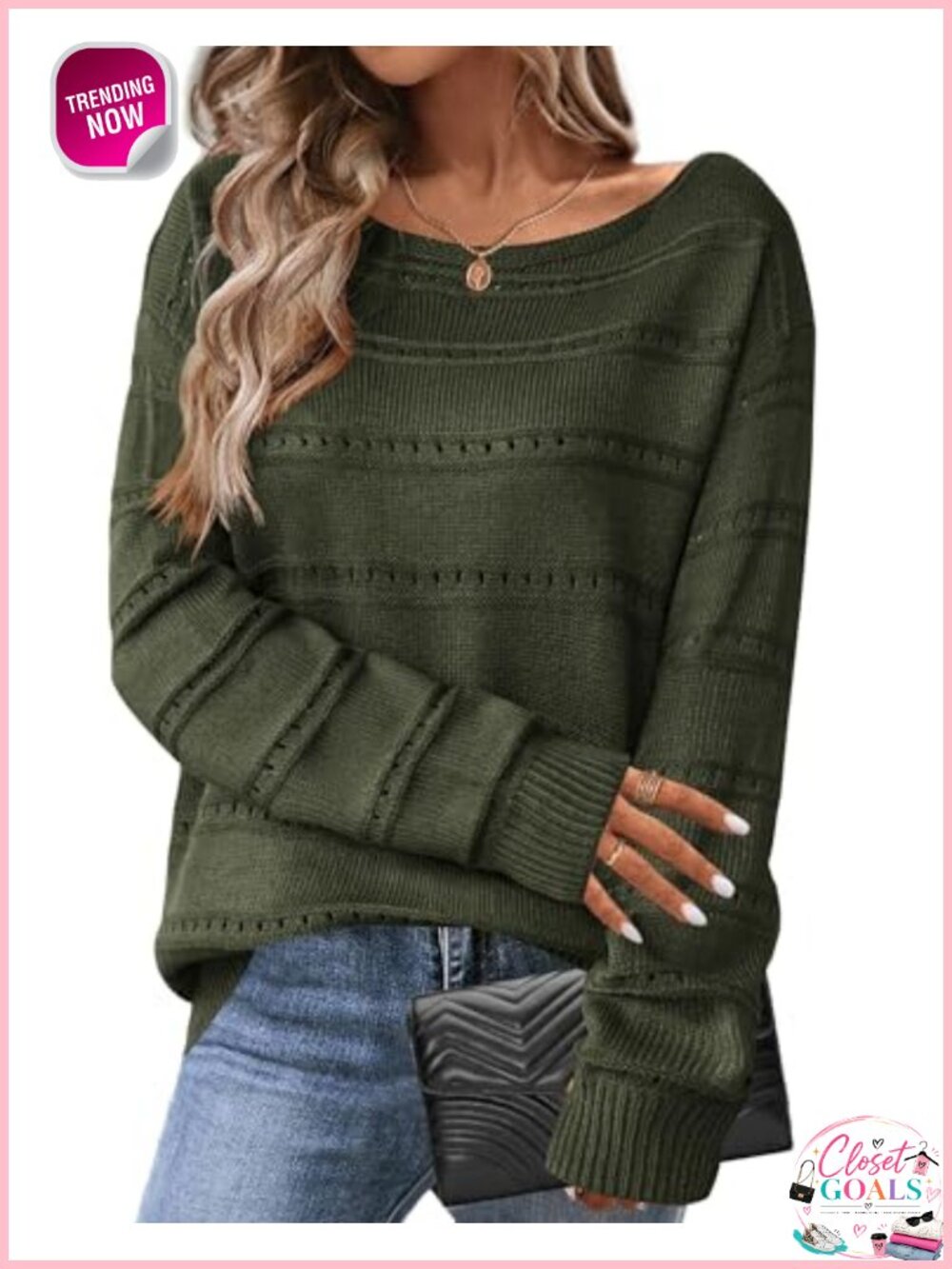 Womens Crochet Knit Sweater Off Shoulder Boat Neck Loose Pullover Long Sleeve